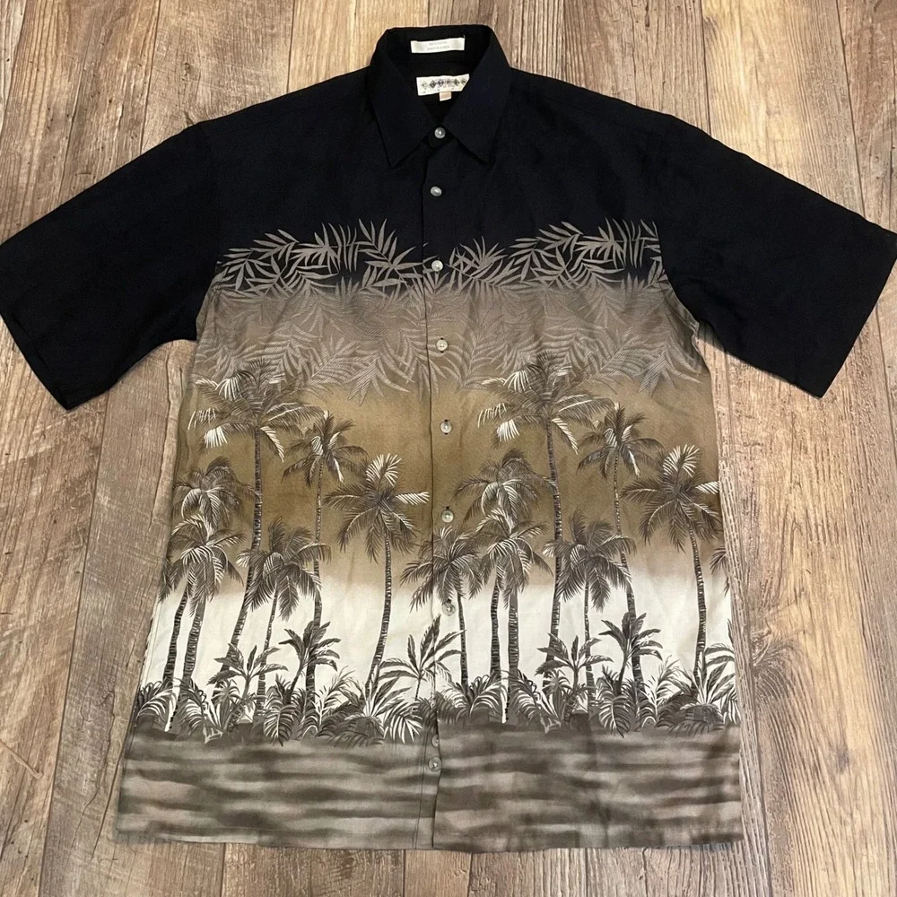 Campia Moda Mens Small Black Brown Tropical Palm‎ Tree Rayon Hawaiian Shirt S